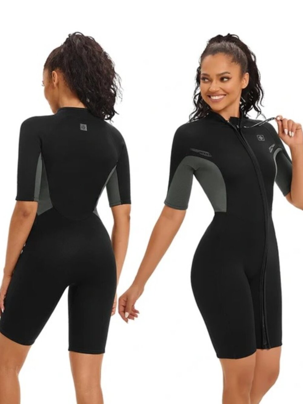 LNC Seaskin Wetsuit Surfing Womens Medium  Shorts Full Zip Black Short Sleeve